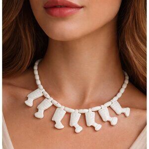 Vintage Egyptian Revival Necklace Carved Bone Bead Queen Nefertiti Beaded 18"